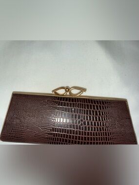 Women’s Brown Croc-Embossed Clutch with Gold Accent